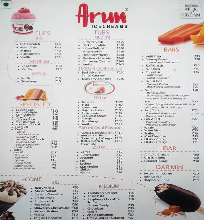 Menu of Arun Ice Cream, Gajuwaka, Vizag