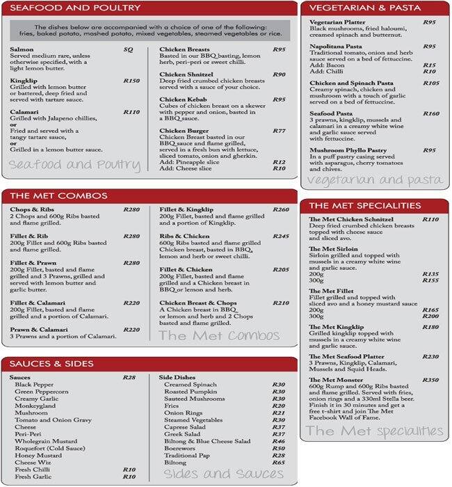Menu at The Met Grill restaurant, Randburg