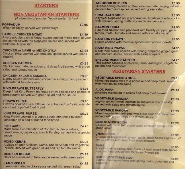 The Everest Restaurant Menu, Menu for The Everest Restaurant, Tollcross