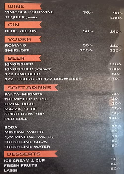Moonlight Bar & Restaurant menu