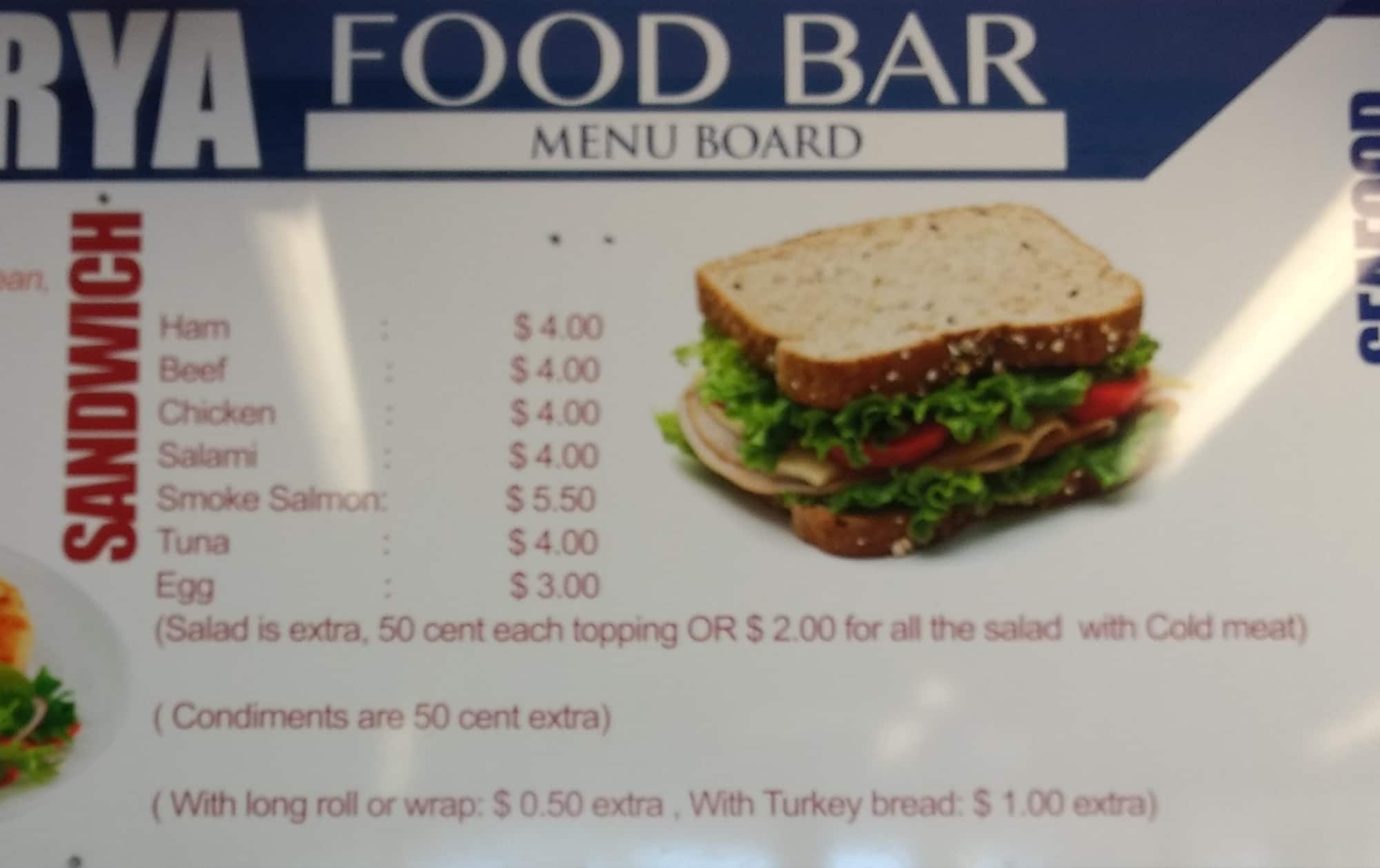 Menu at Darya Food Bar, Matraville