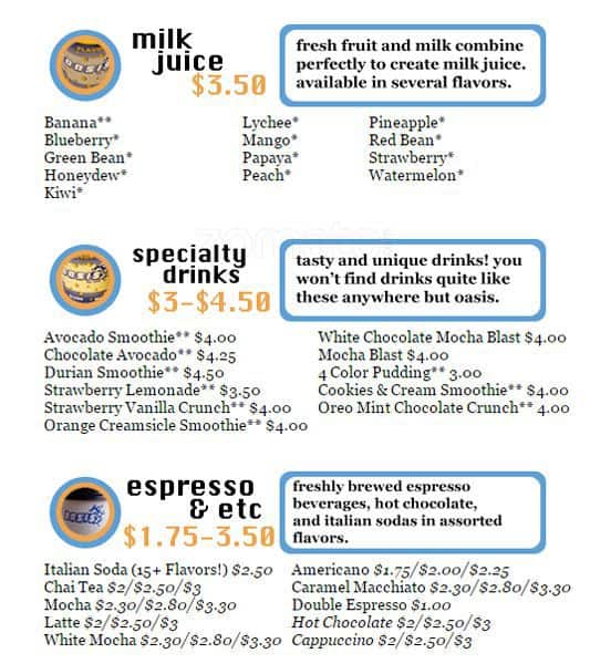 Menu at Oasis Tea Zone cafe, Seattle, University Way NE