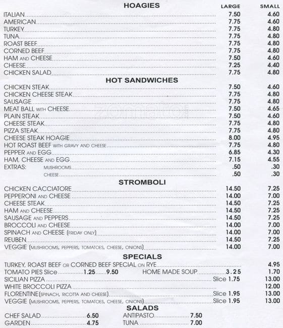 Menu at Silvio's pizzeria, Hatboro