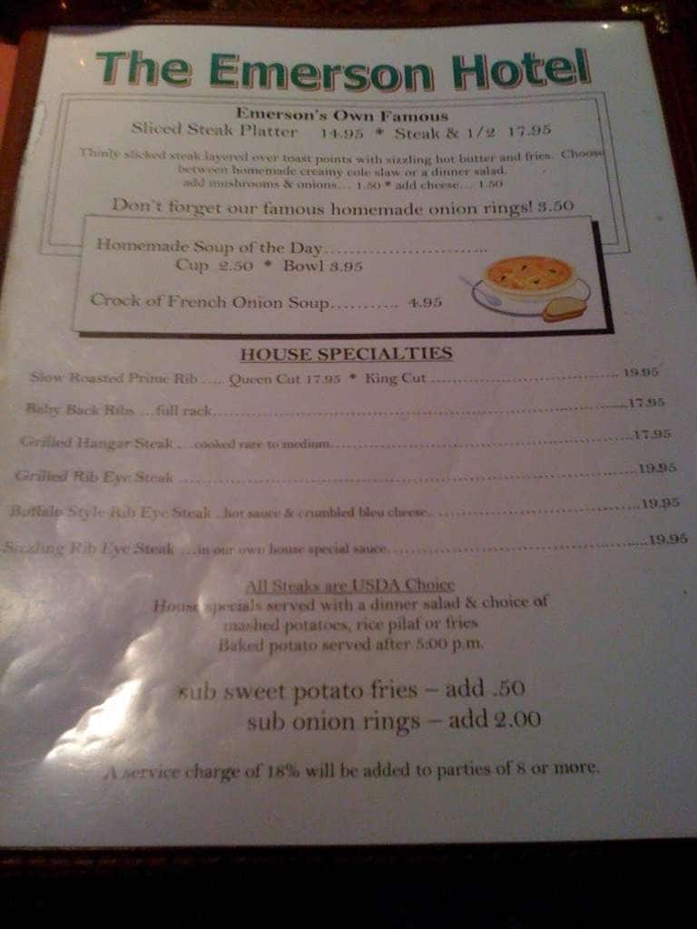 Emerson Hotel Menu, Menu for Emerson Hotel, Westwood, Westwood