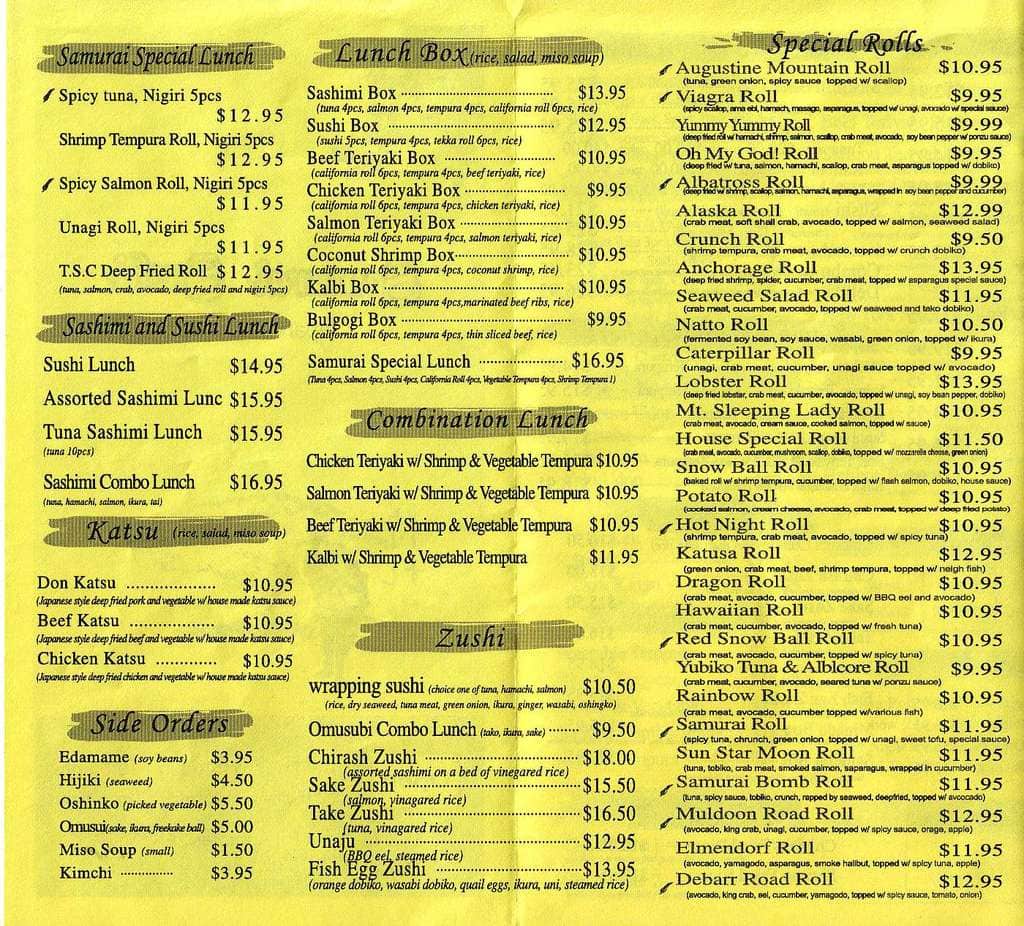 Menu at Samurai Sushi restaurant, Anchorage