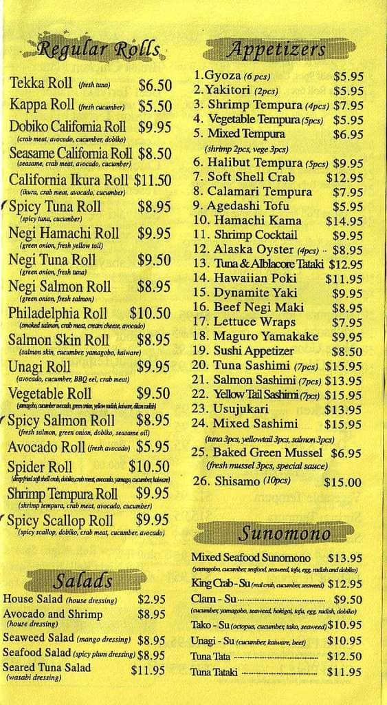 Menu at Samurai Sushi restaurant, Anchorage