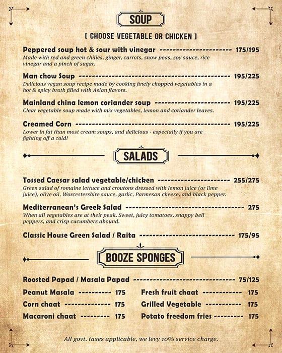 Menu of Barrel House, Civil Lines, Allahabad