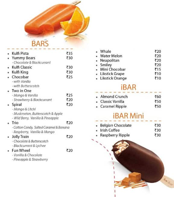 Arun Ice Creams menu