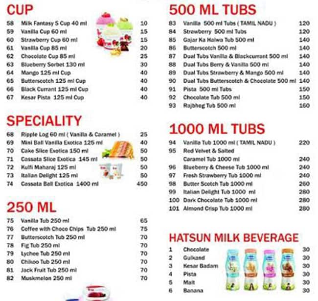 Arun Ice Creams menu
