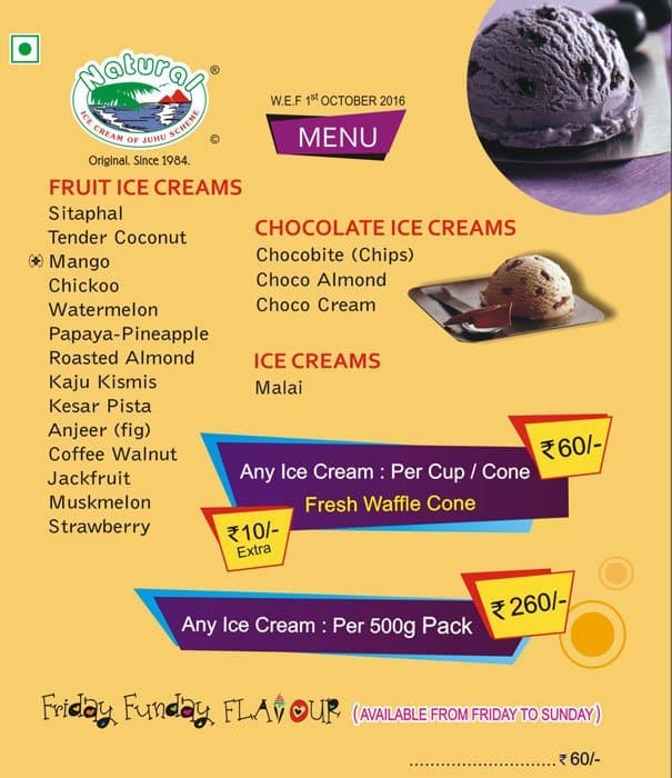 Natural Ice Cream Menu, Menu for Natural Ice Cream, Pimple Saudagar
