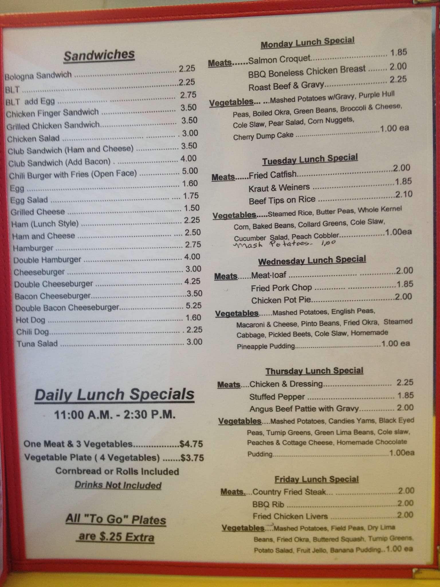 Menu at Wright's Restaurant, Tuscaloosa