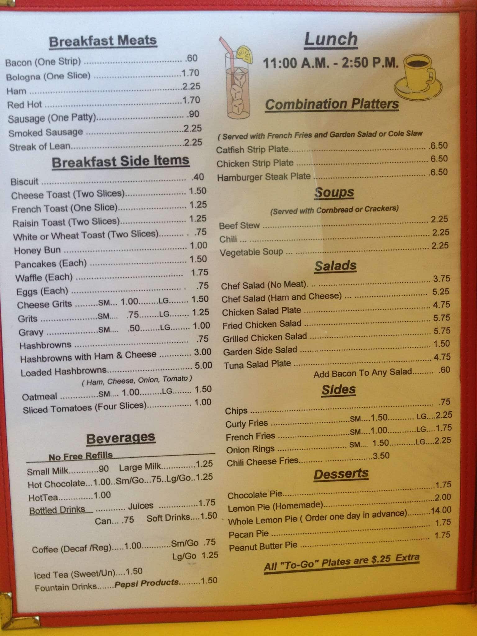 Menu at Wright's Restaurant, Tuscaloosa