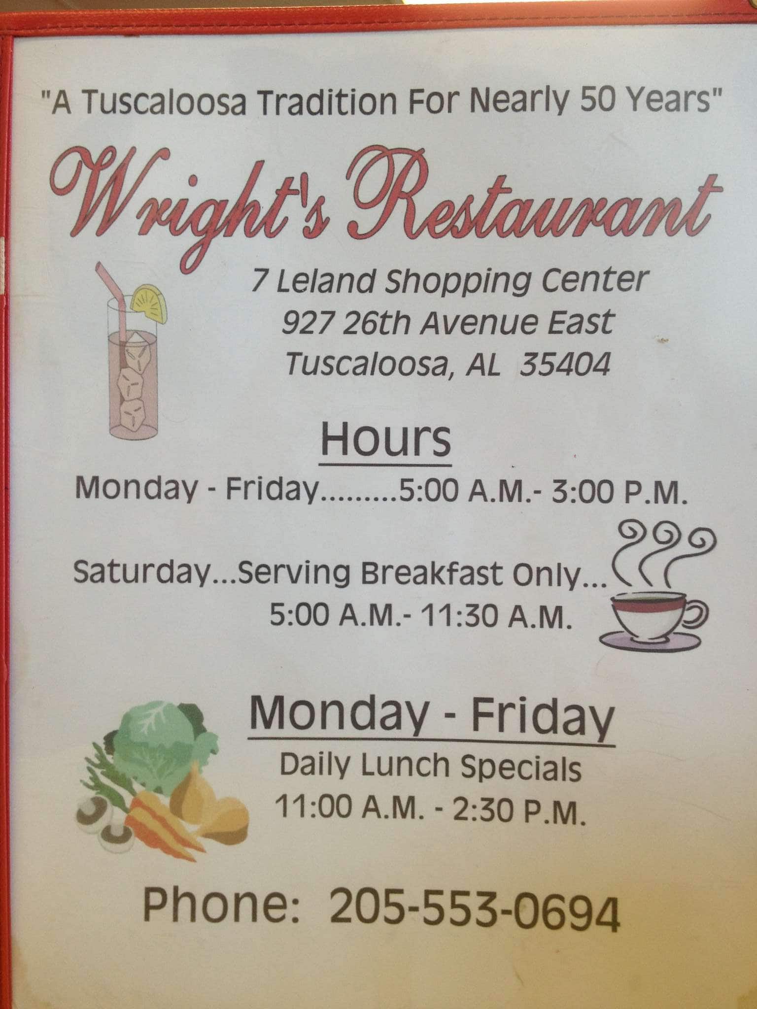 Menu at Wright's Restaurant, Tuscaloosa
