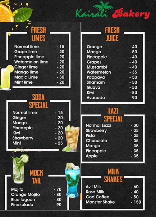 Menu of Thiruvambadi Bakers, Thycaud, Trivandrum
