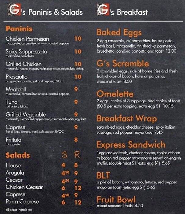 G For Gelato menu