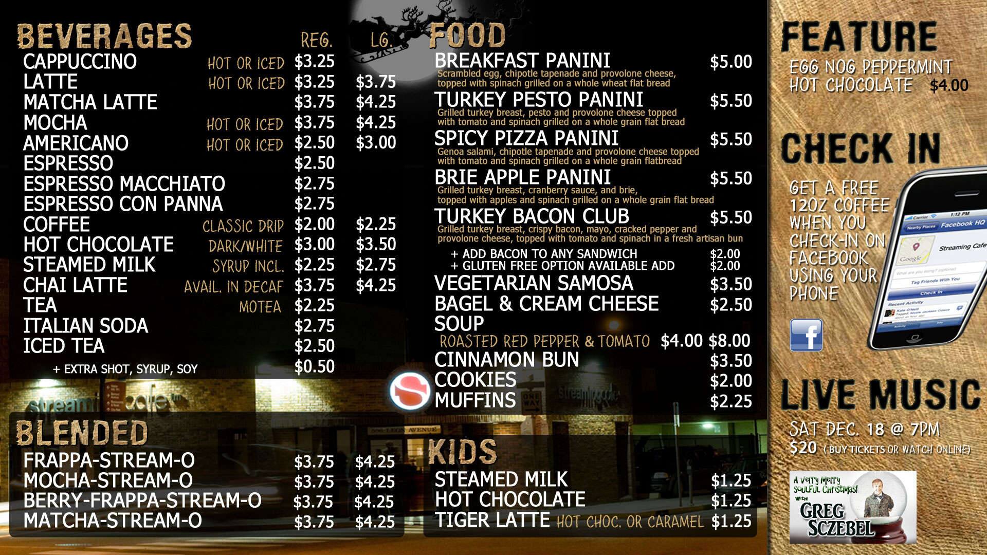 Streaming Cafe Menu, Menu for Streaming Cafe, Central City, Kelowna