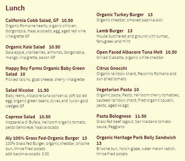 Menu at Aly's on Main restaurant, Redwood City