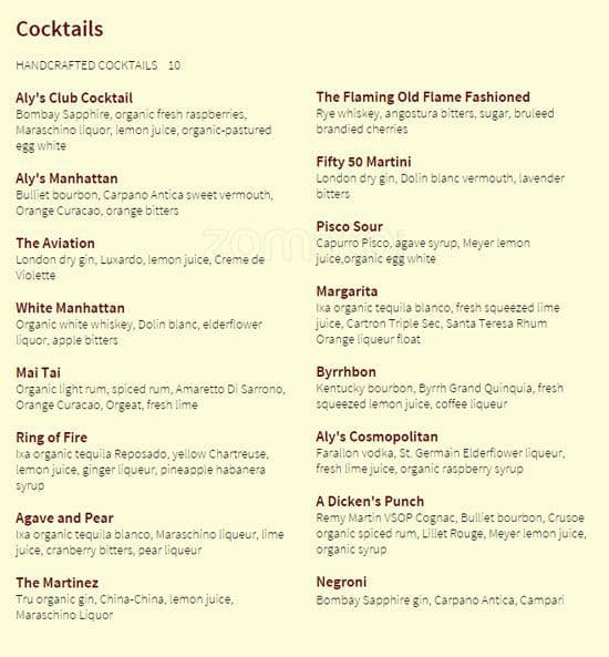 Menu at Aly's on Main restaurant, Redwood City