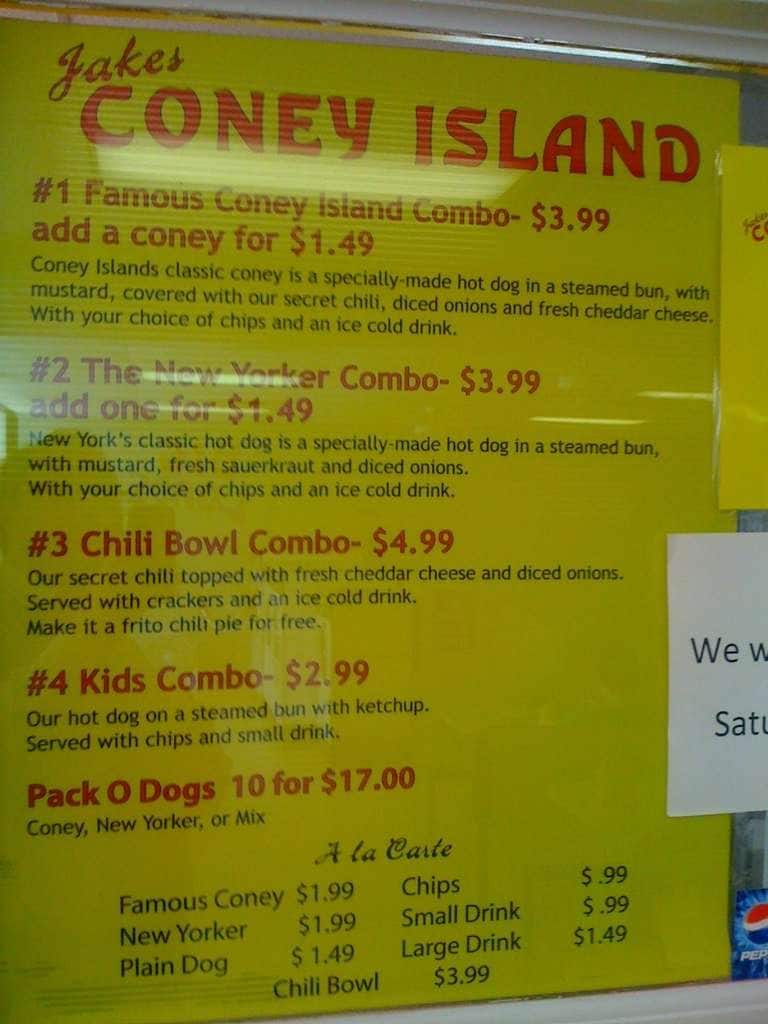 Jake's Coney Island Menu, Menu for Jake's Coney Island, Original Edmond
