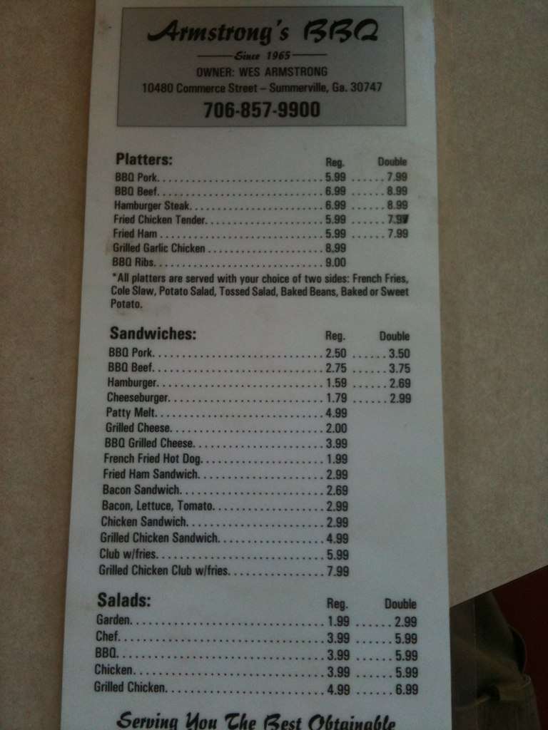 Armstrong's Barbecue Menu Urbanspoon/Zomato