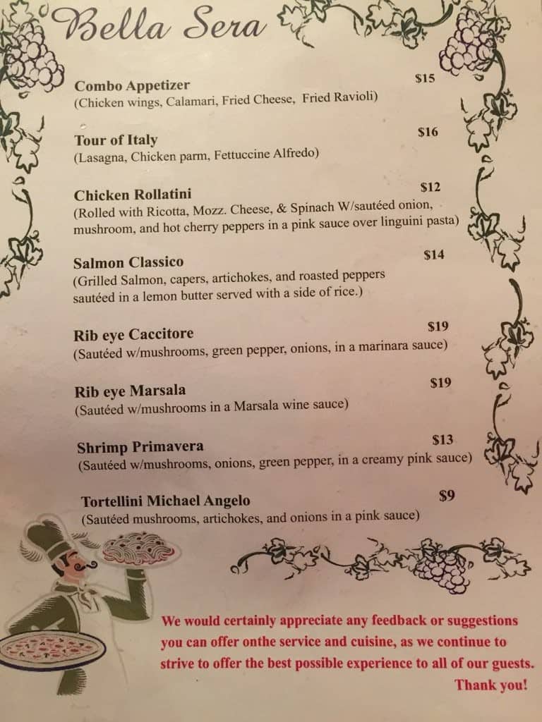Bella Sera Italian Restaurant Menu Urbanspoon/Zomato