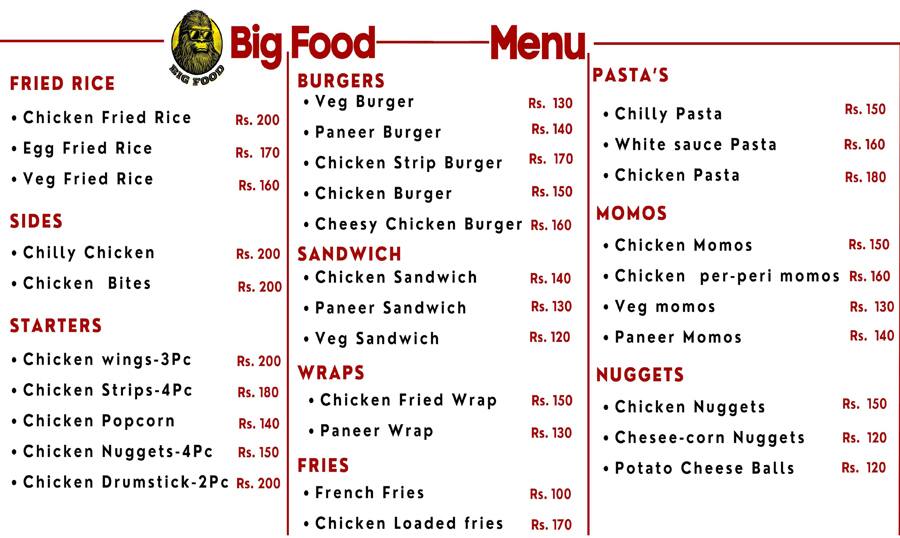 Menu of Big Food, Madhavaram, Chennai