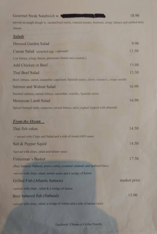 Menu at Fibonacci Coffee restaurant, Artarmon, 407 Pacific Hwy
