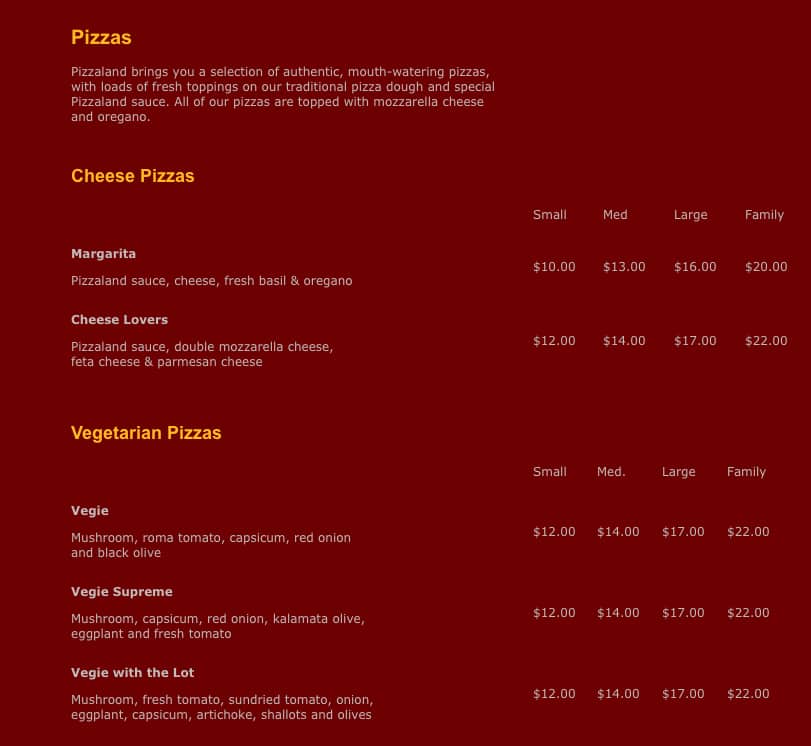 Menu at Pizza Land Steakhouse, Lakemba