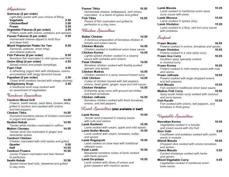 Surahi Restaurant menu