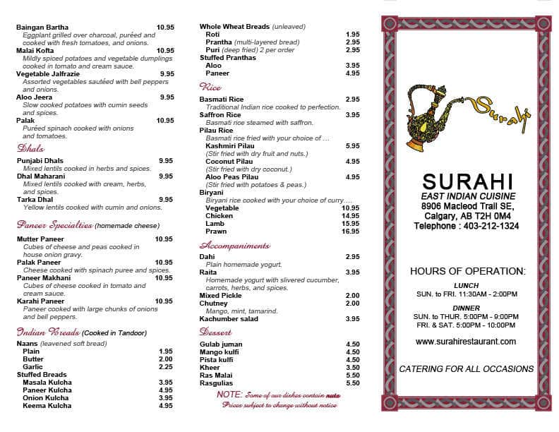 Surahi Restaurant menu