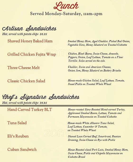 Eli's Cheesecake World and Cafe Menu Urbanspoon/Zomato