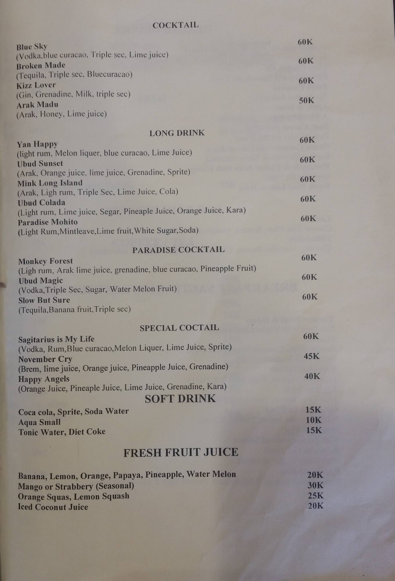 Carta de SAGITARIUS INN & RESTAURANT