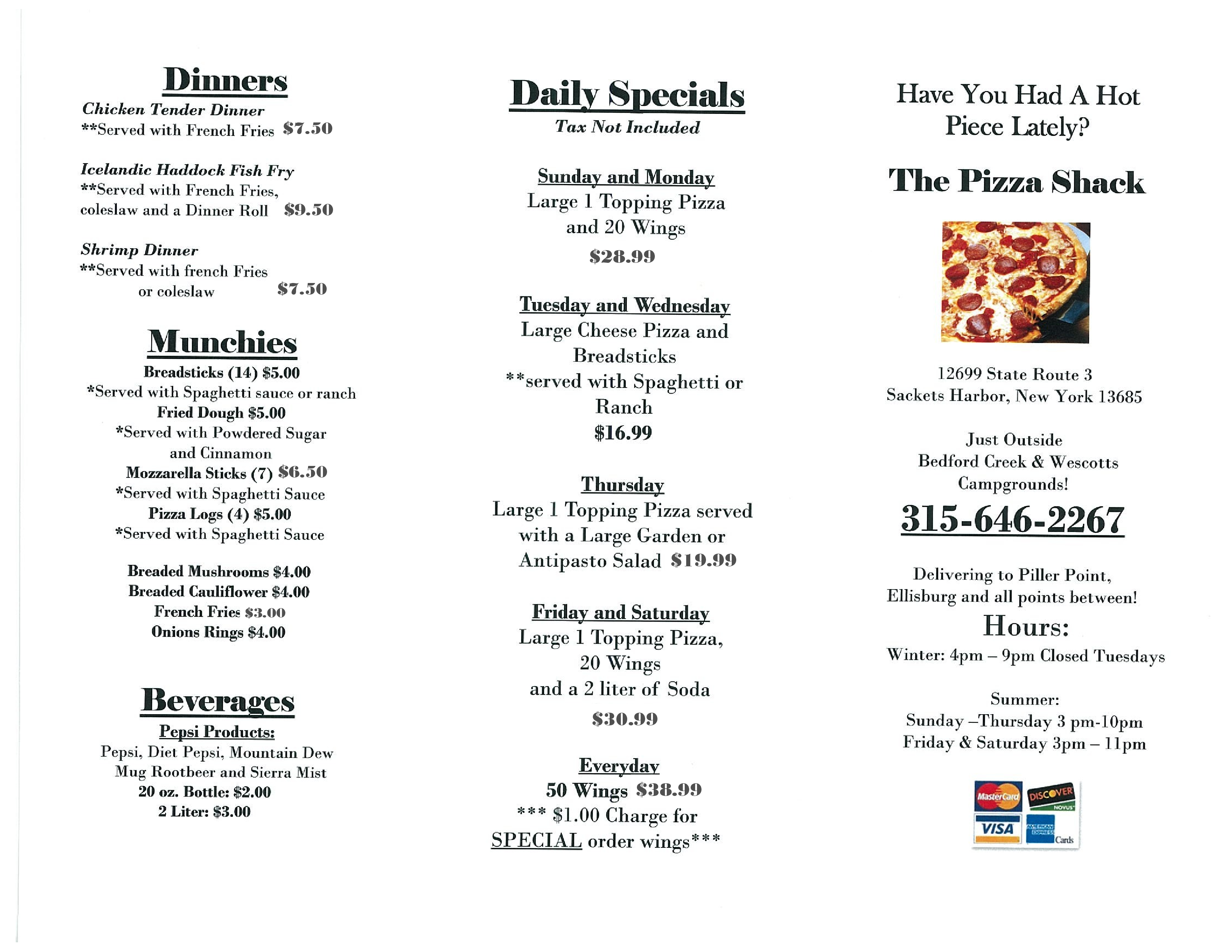 Pizza Shack Menu For Sackets Harbor Pizza Shack Sackets Harbor Menu
