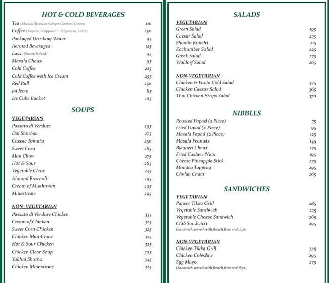 Menu at Panna Vilas A Lake Facing Boutique Hotel, Udaipur