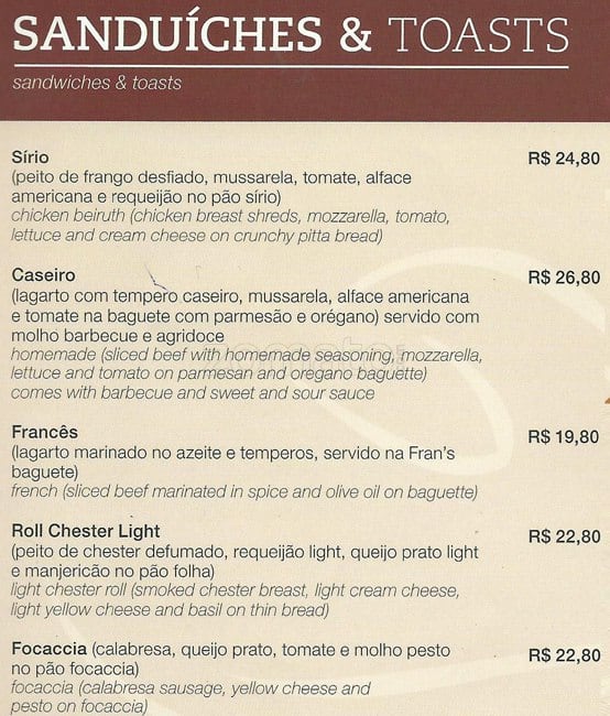 Fran's Café Pio XI cardápio