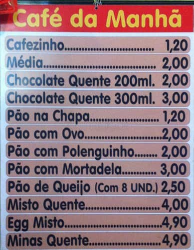 Pão com Linguiça cardápio