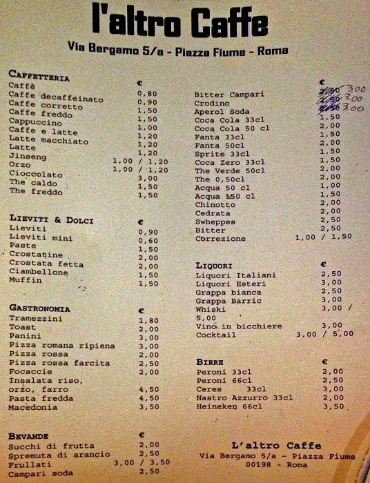 Menu di L'altro Caffè 