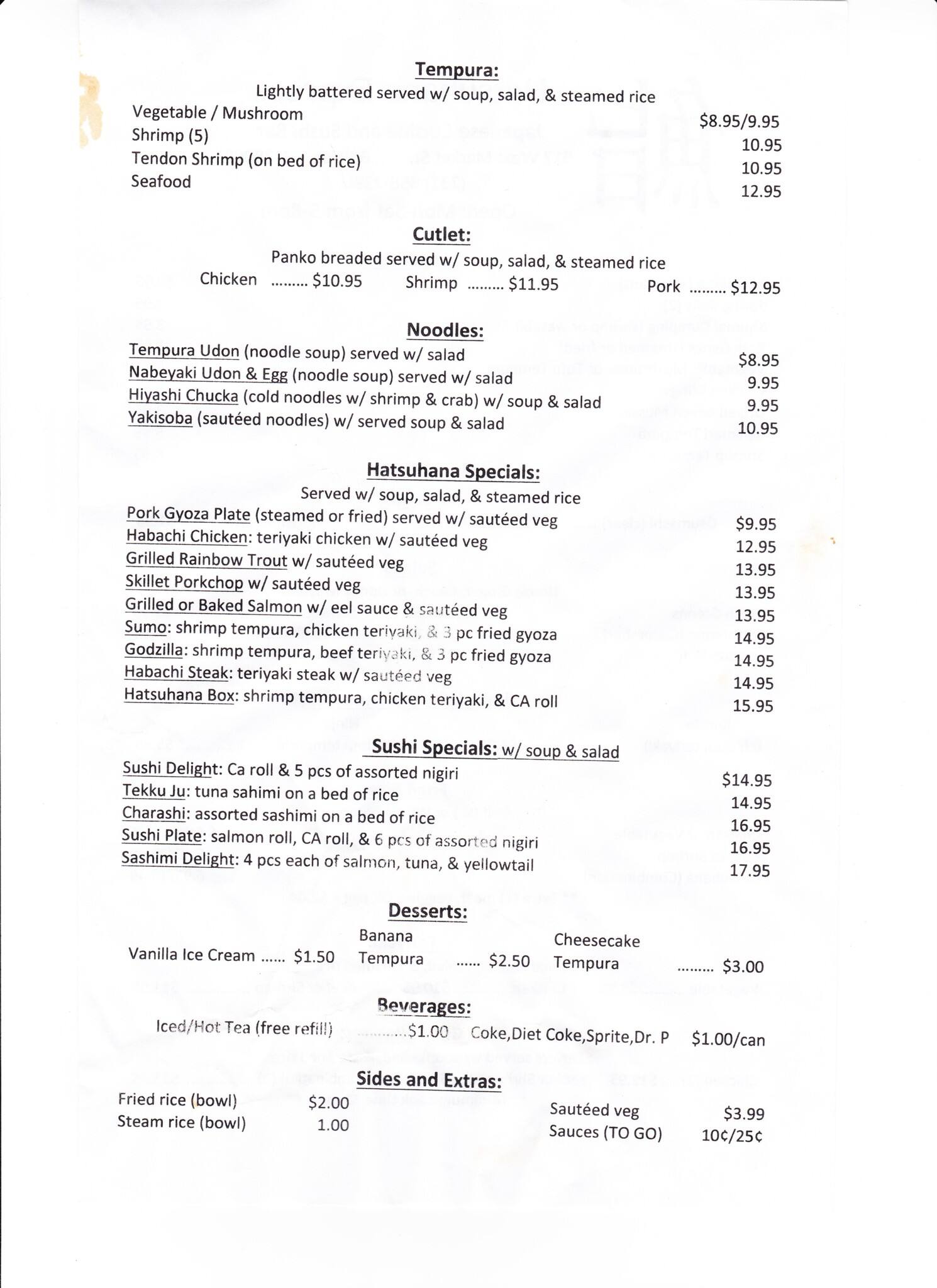 Menu at Hatsuhana Express restaurant, Bolivar