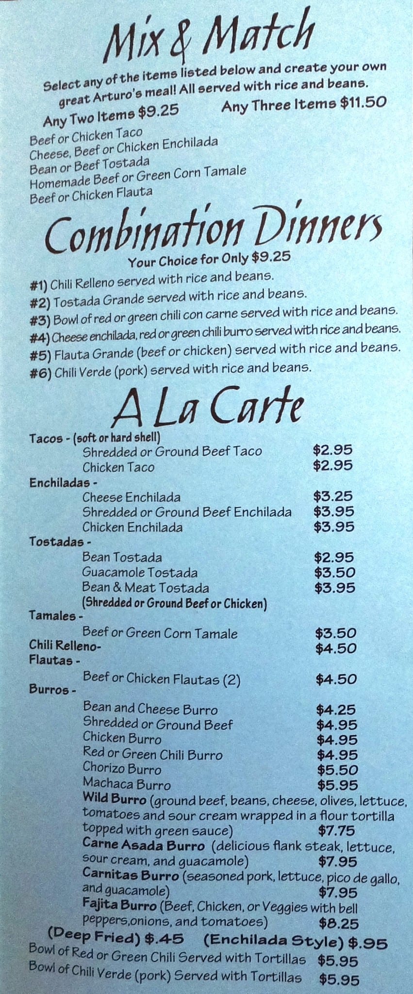 Menu at Arturo's Mexican Restaurant, Chino Valley, 900 AZ89