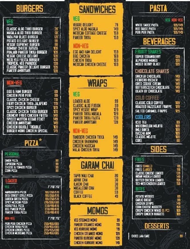 Menu of Burger Monk, Sector 31, Gurgaon