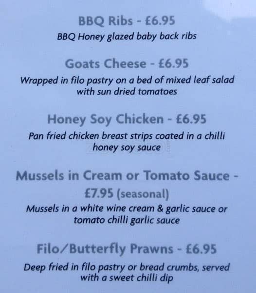 Menu at Riennas restaurant, Hornchurch