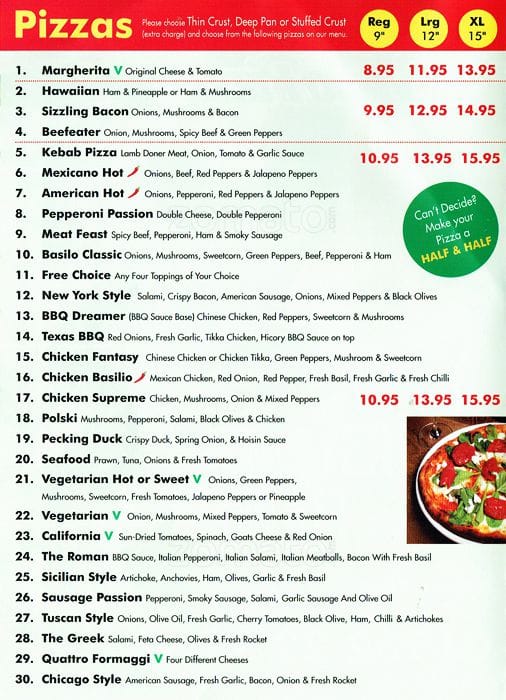 Basilo Pizza menu