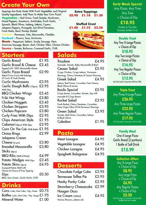 Basilo Pizza menu