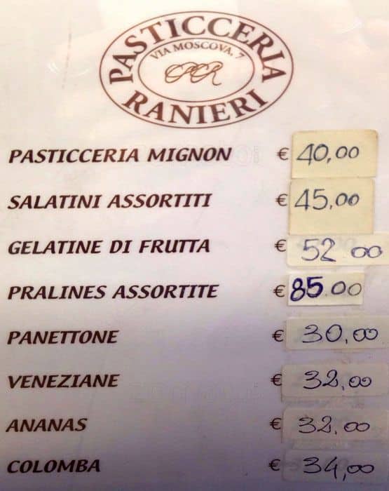 Menu di Pasticceria Ranieri 