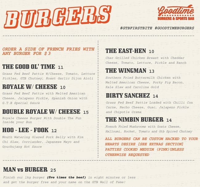 GoodTime Burgers Menu, Menu for GoodTime Burgers, Bondi Junction ...