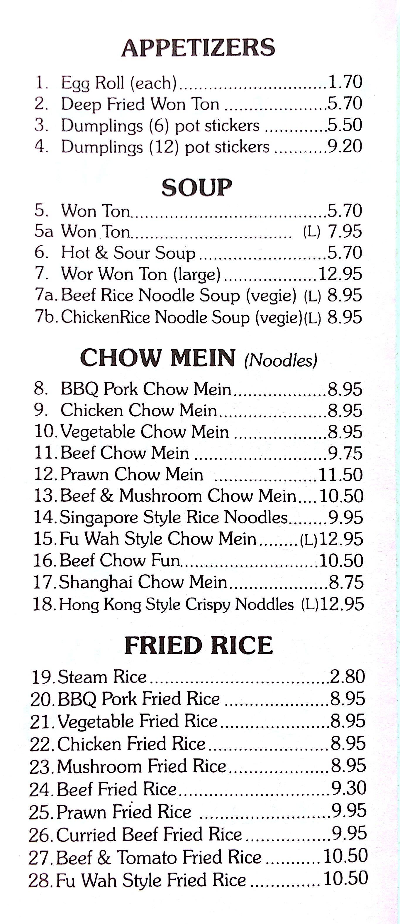 Menu at Fu Wah Express Chinese Foods restaurant, Langford