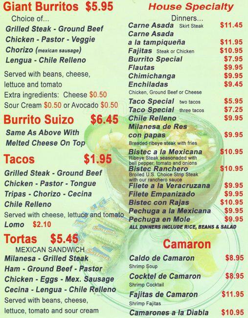 Menu at El Burrito Tapatio restaurant, Addison