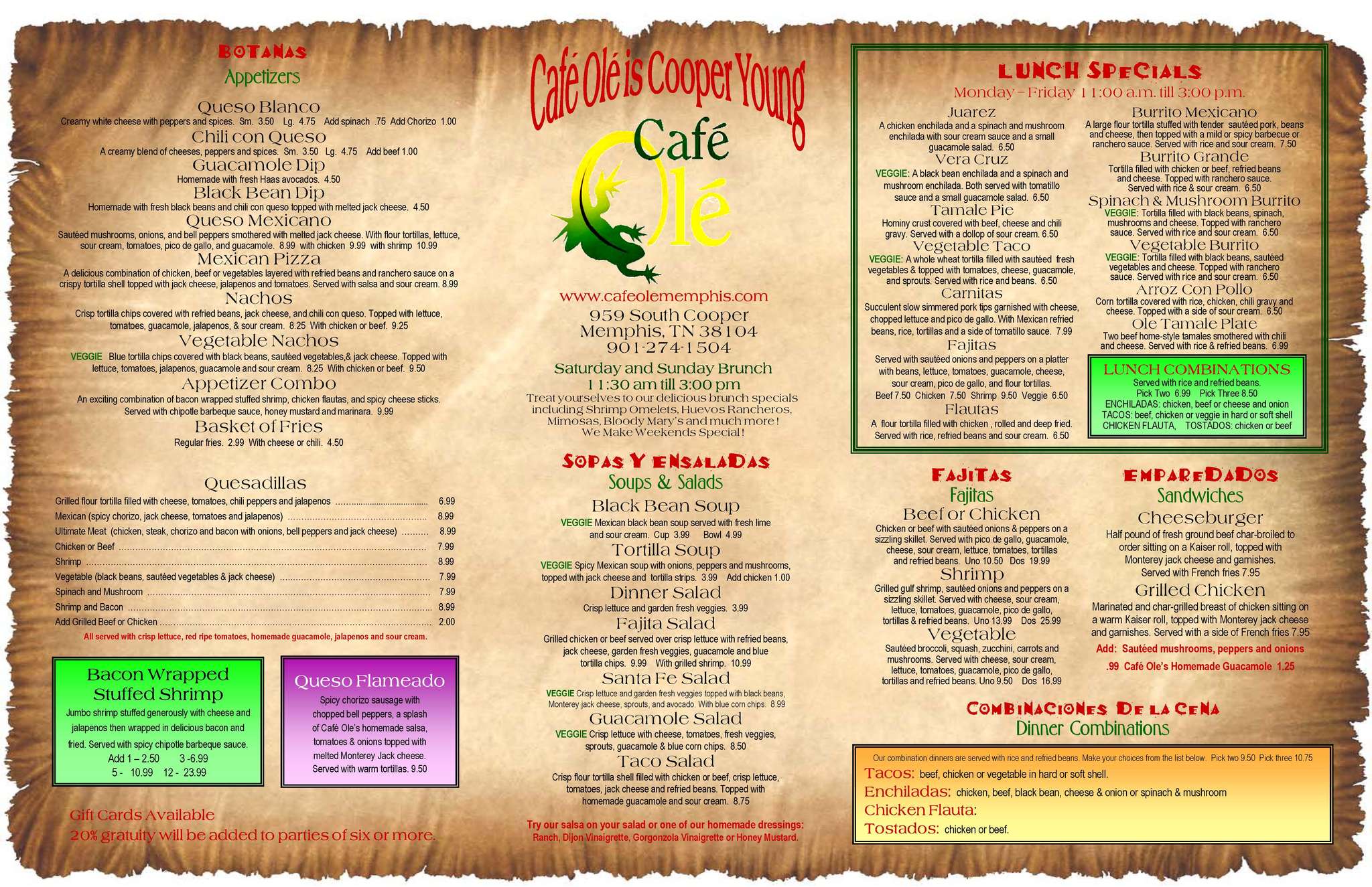 Cafe Ole Menu, Menu for Cafe Ole, Midtown, Memphis - Urbanspoon/Zomato