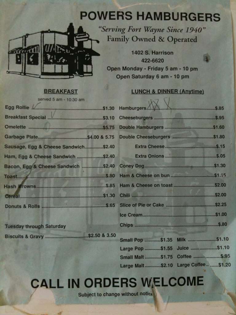 Powers Hamburger Shop Menu, Menu for Powers Hamburger Shop, Fort Wayne