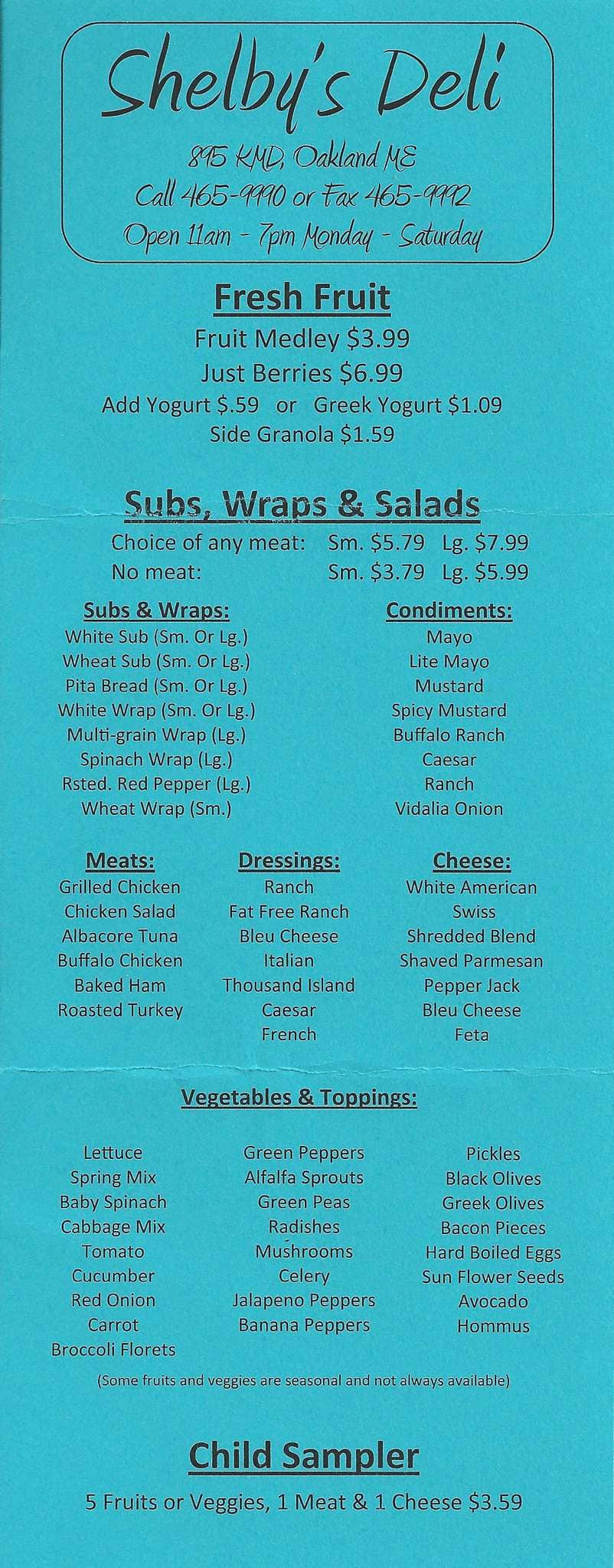 Menu at Shelby's Deli restaurant, Oakland